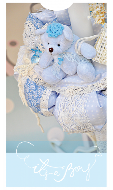 Lumanare de botez albastra cu ursulet si dantela alba pentru baieti , 65x4cm, Good Luck Boy  1